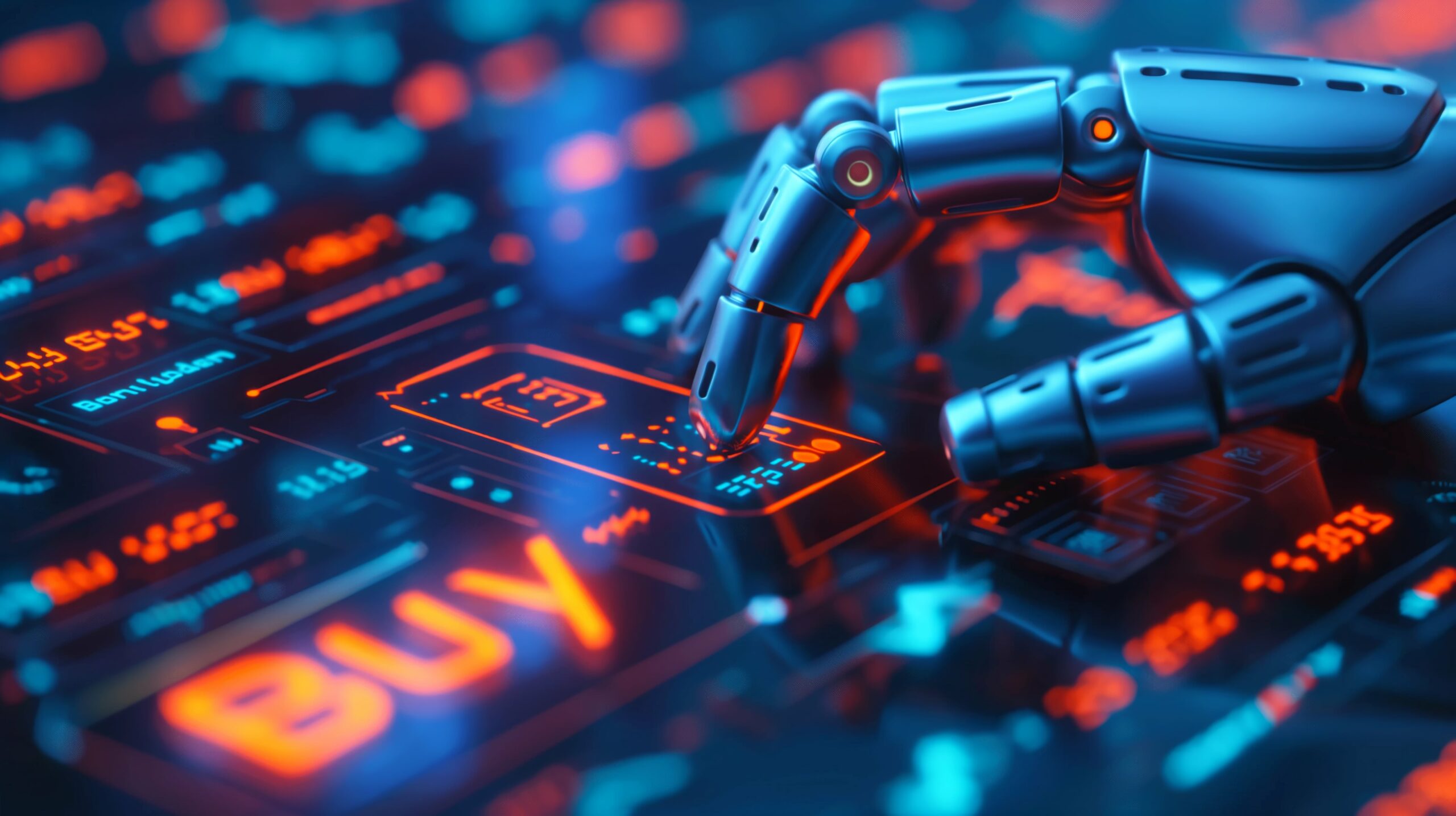 Acheteur augmenté : 5 usages concrets de l’IA aux achats 7 IA aux achats_une main futuriste sur un clavier ecrit BUY